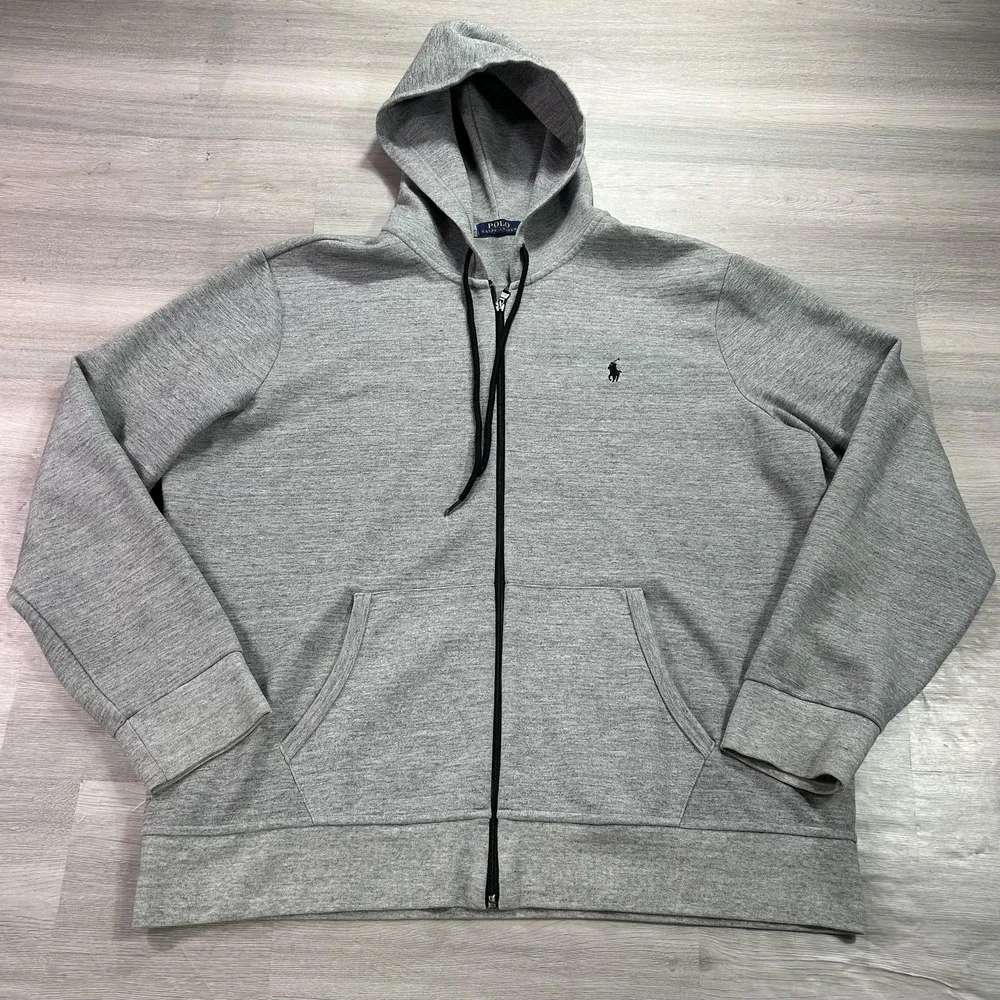 Polo Ralph Lauren Hoodie Mens 2XL Gray Full Zip Fleece Sweatshirt Pony Logo